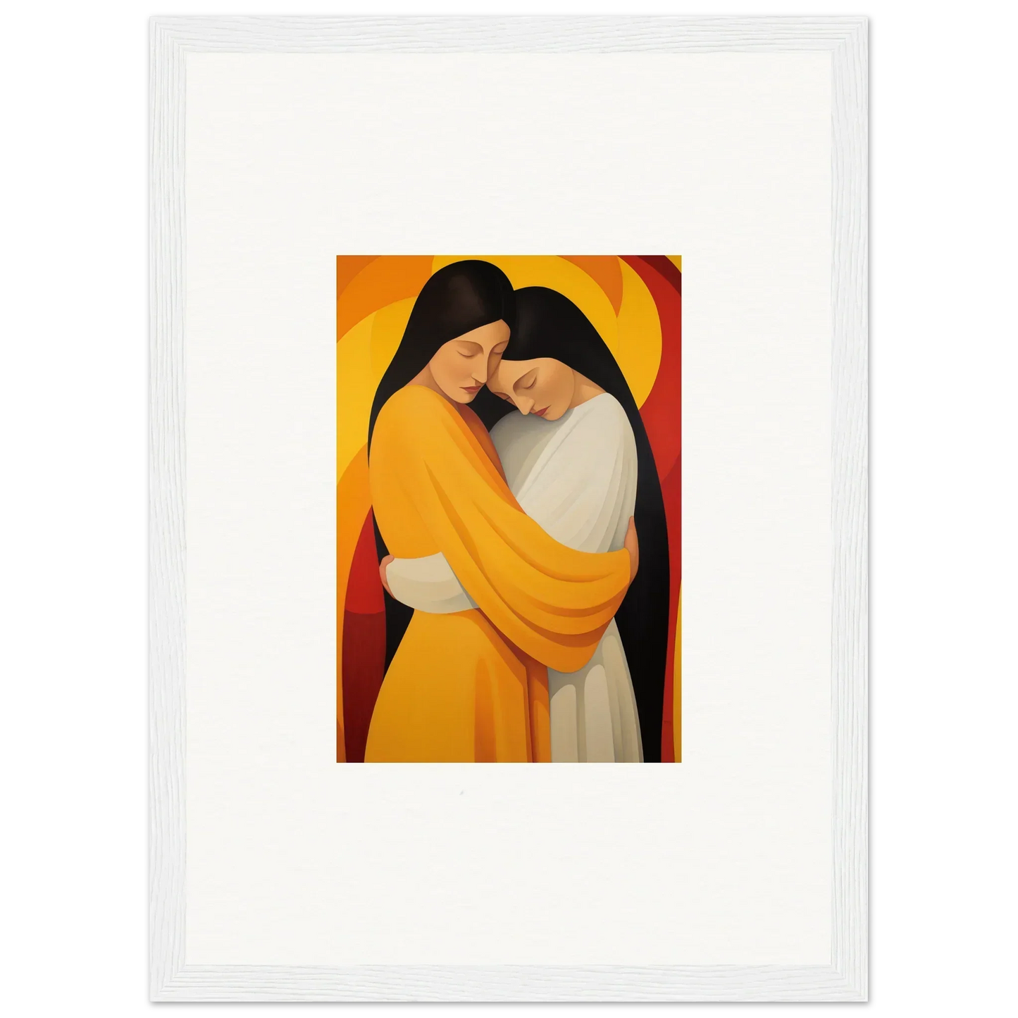 Embracing figures in yellow and white robes, a cozy Room Decoration canvas print of Sun Nyah