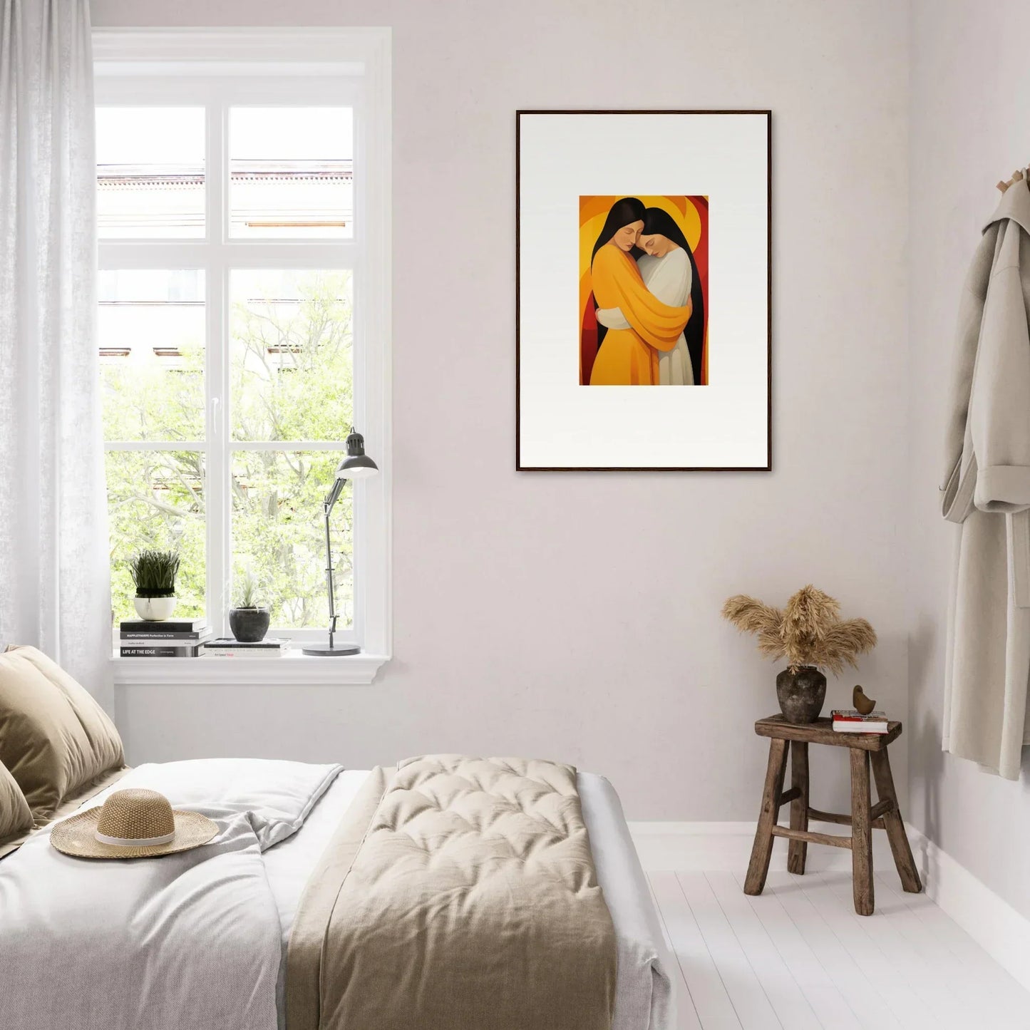 Bright minimalist bedroom showcasing a colorful Sun Nyah canvas print for stylish room decoration