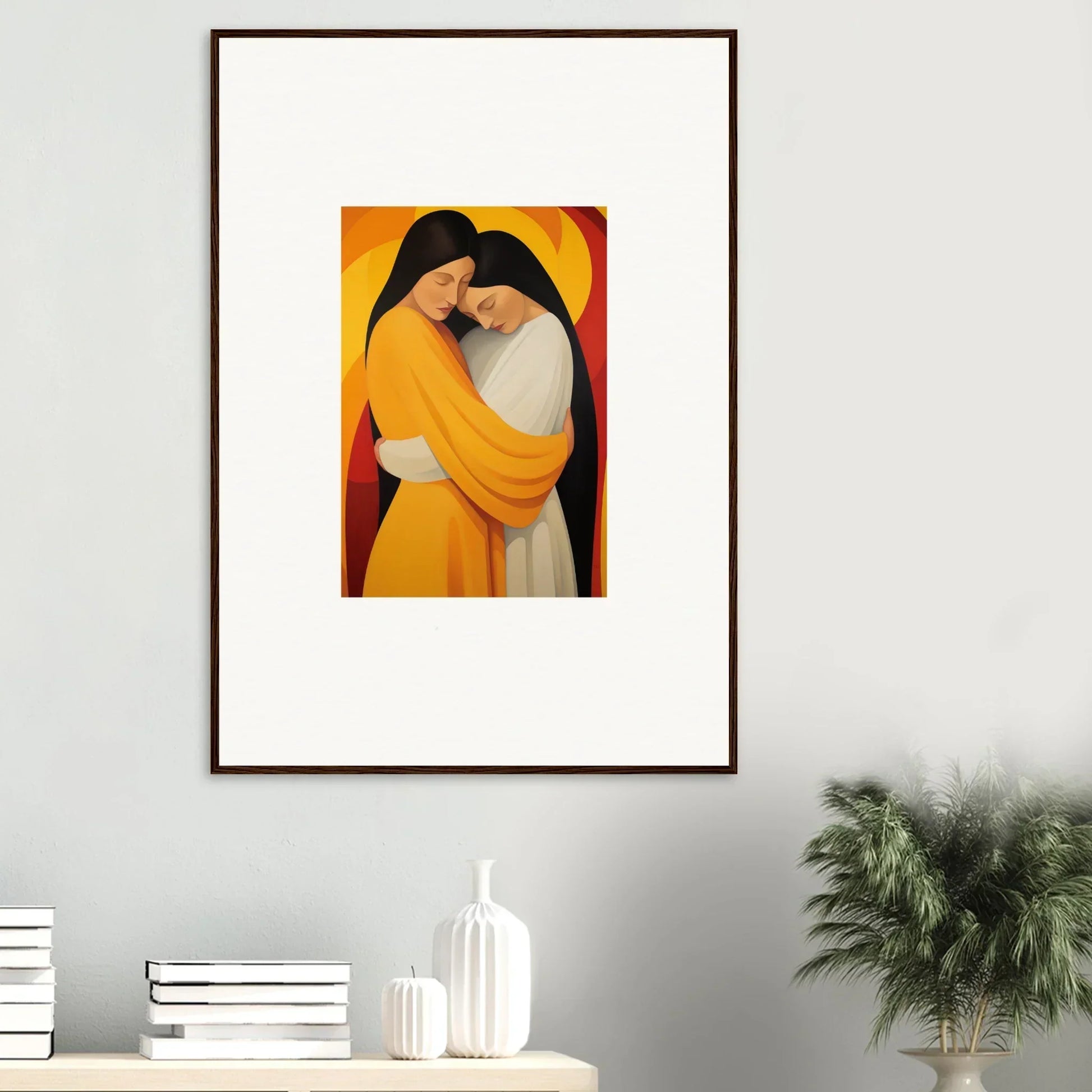 Framed canvas print of two figures in yellow and white robes for vibrant room decoration