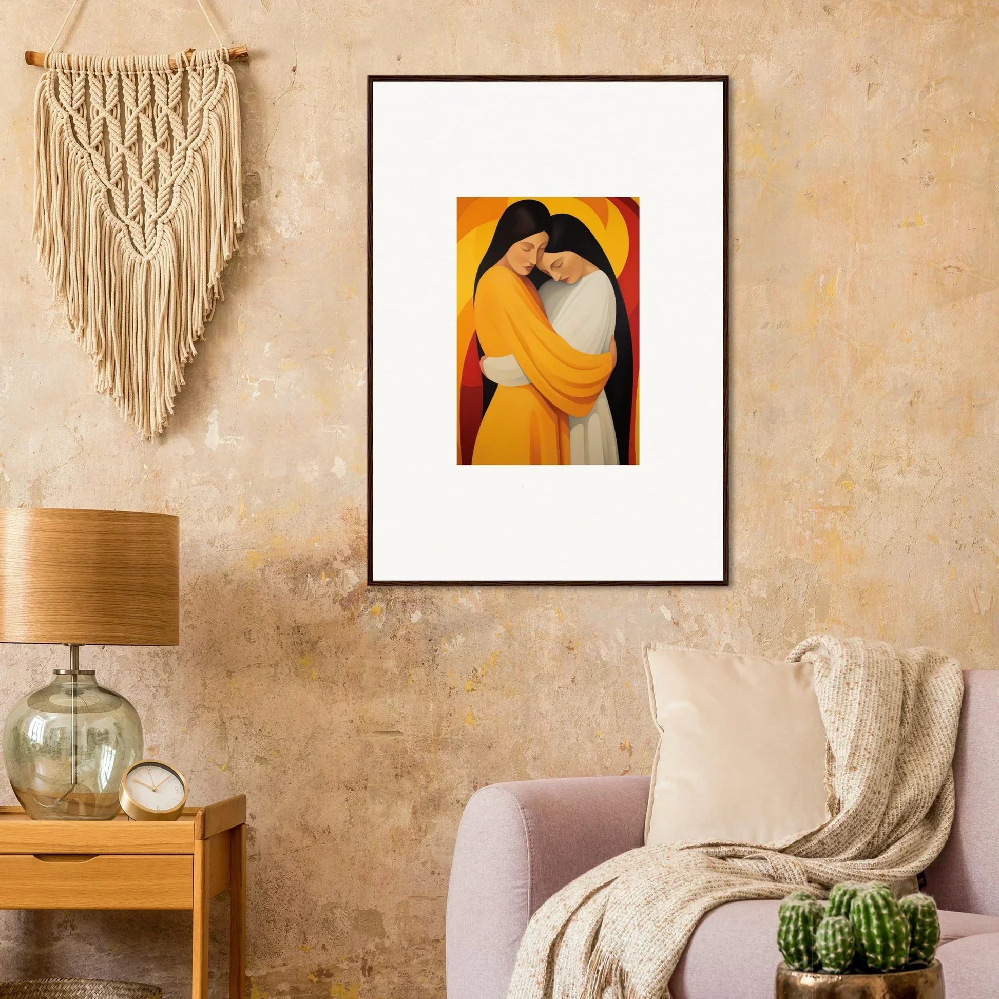 Framed abstract canvas print of two embracing figures in warm Sun Nyah tones for room decoration