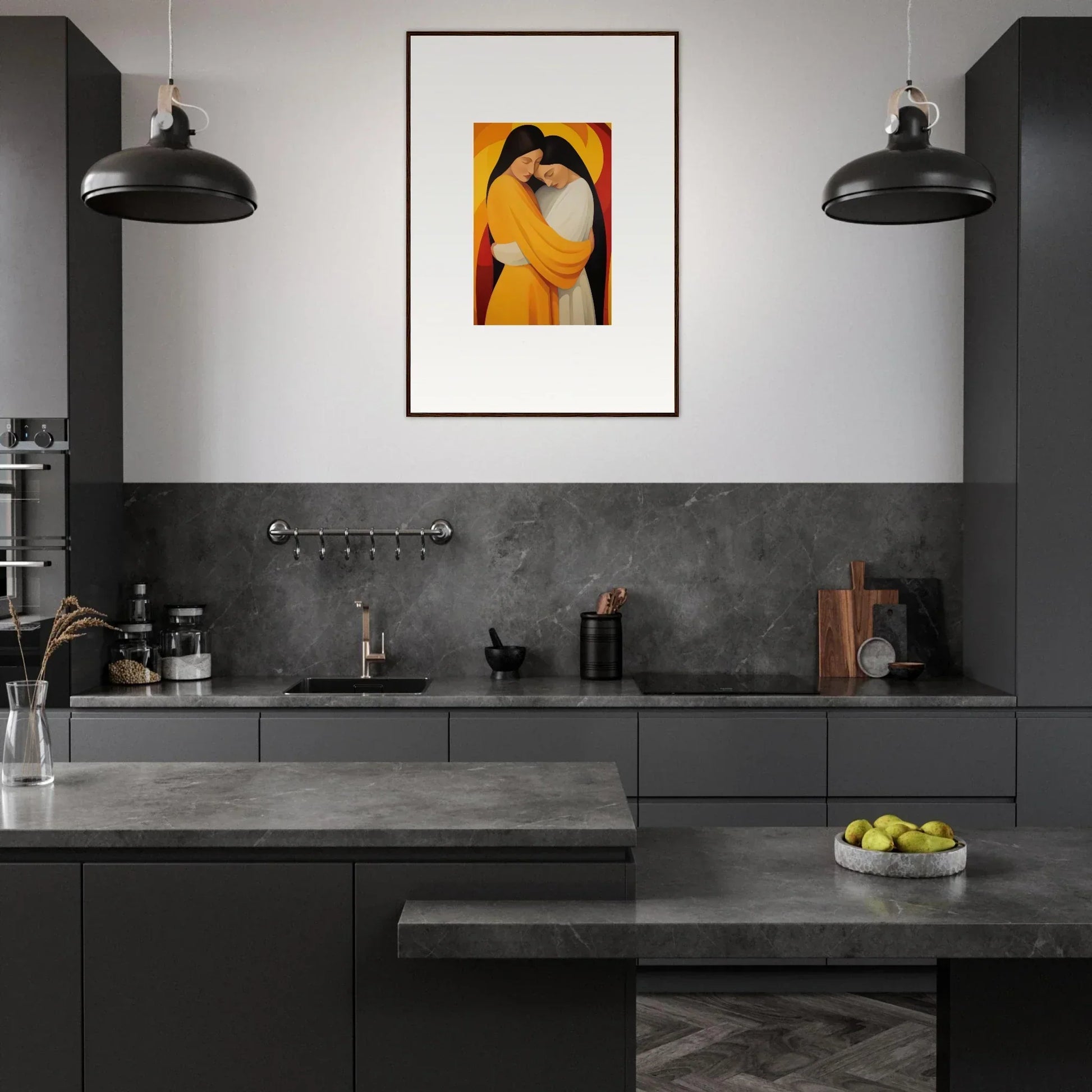 Modern kitchen with dark cabinets, concrete counters, and Sun Nyah canvas print