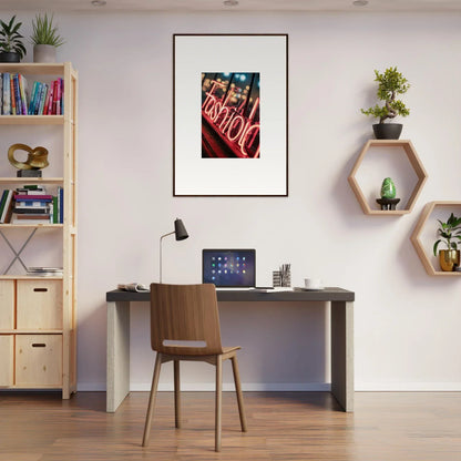 Home office setup featuring a desk, chair, and stylish Lasid Quara wall decor