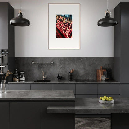 Modern dark kitchen featuring a vibrant Neon Lasid Quara canvas print as room decoration