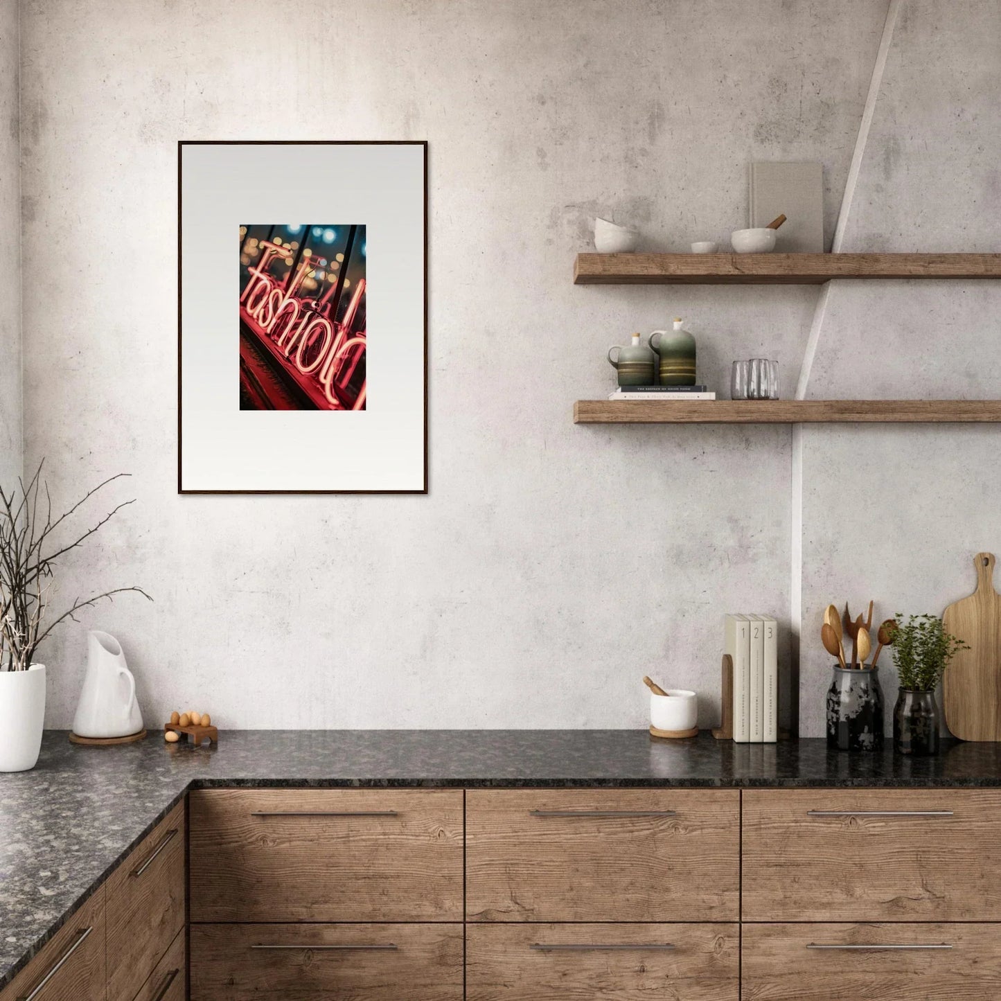 Modern kitchen with wooden cabinets, dark countertops, and a Lasid Quara canvas print