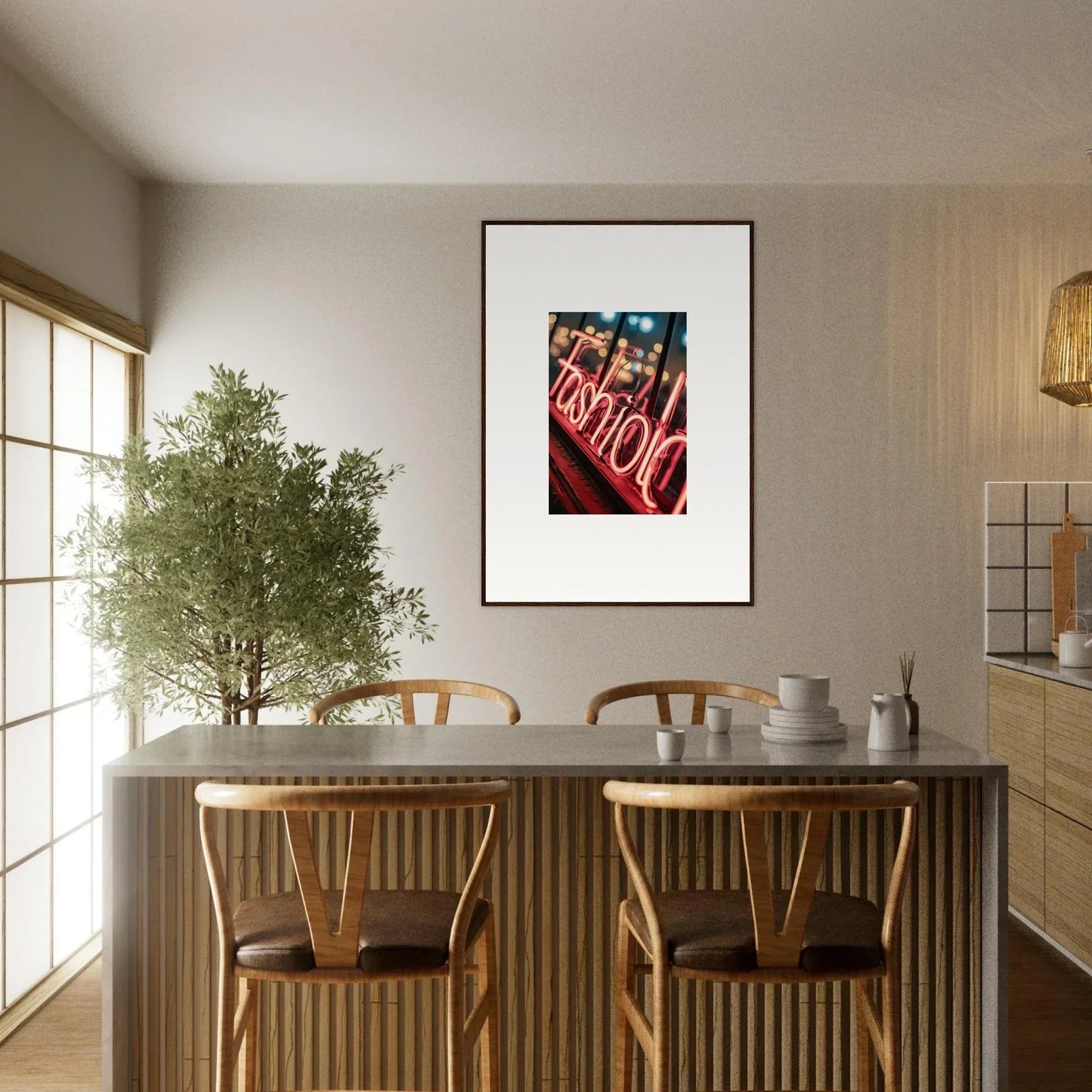 Cozy dining area featuring a table, chairs, and a stylish Lasid Quara canvas print