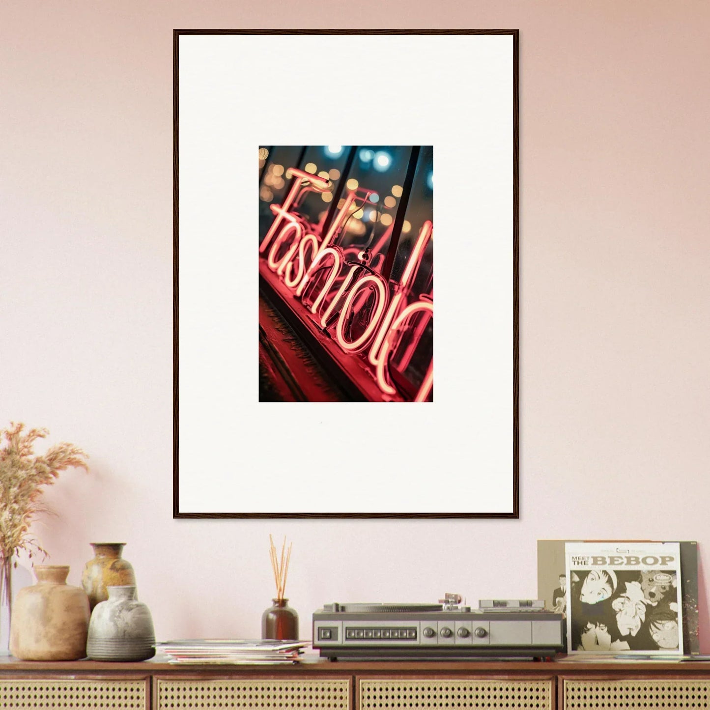 Framed photo of a neon Fashion sign, perfect for Lasid Quara room decoration ideas