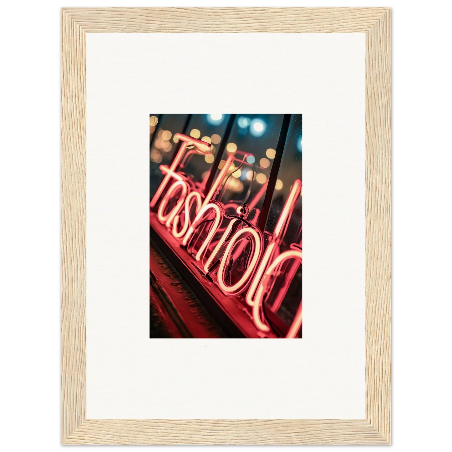 Red neon sign spelling fashion, perfect for Lasid Quara room decoration or canvas print