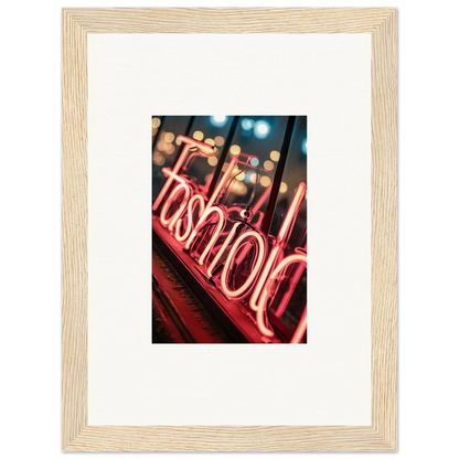 Red neon sign spelling fashion, perfect for Lasid Quara room decoration or canvas print