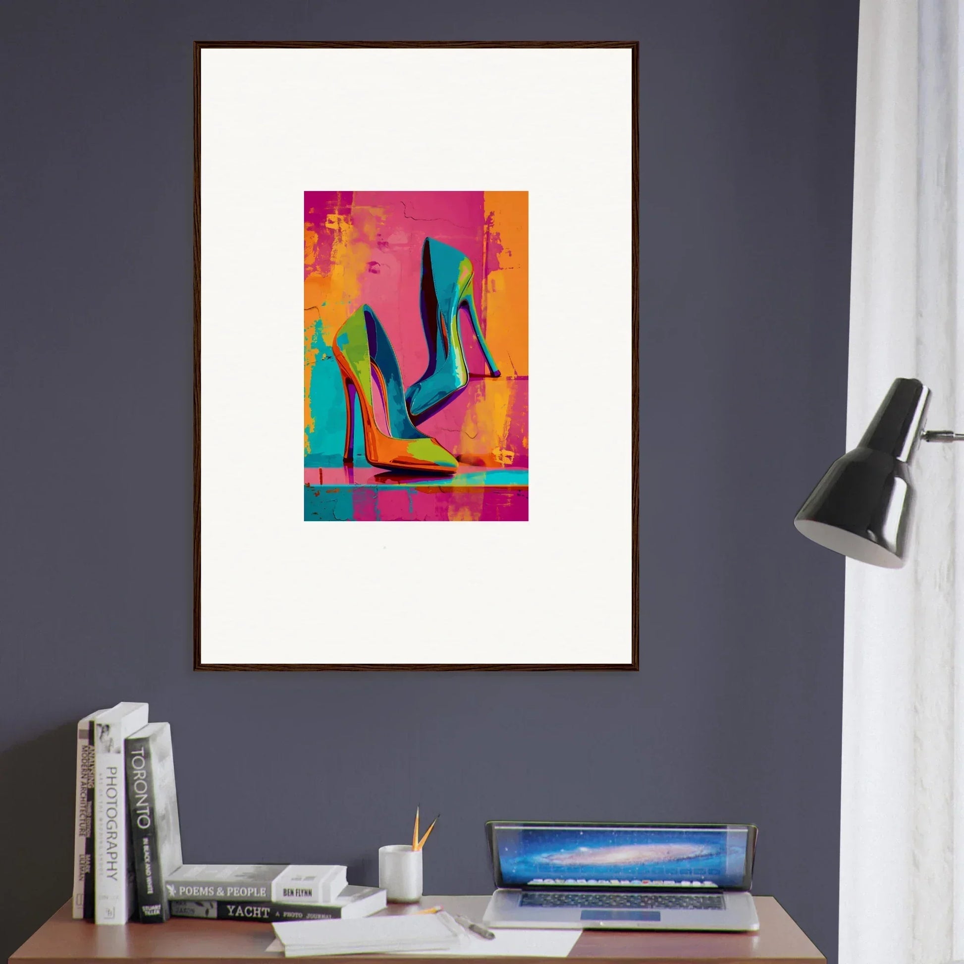 Colorful pop art canvas print of high-heeled shoes for trendy room decoration