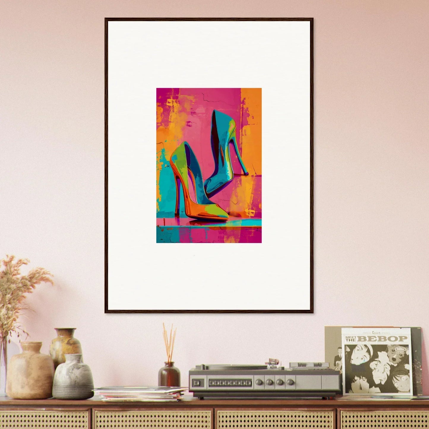 Colorful pop art canvas print of high-heeled shoes for trendy room decoration