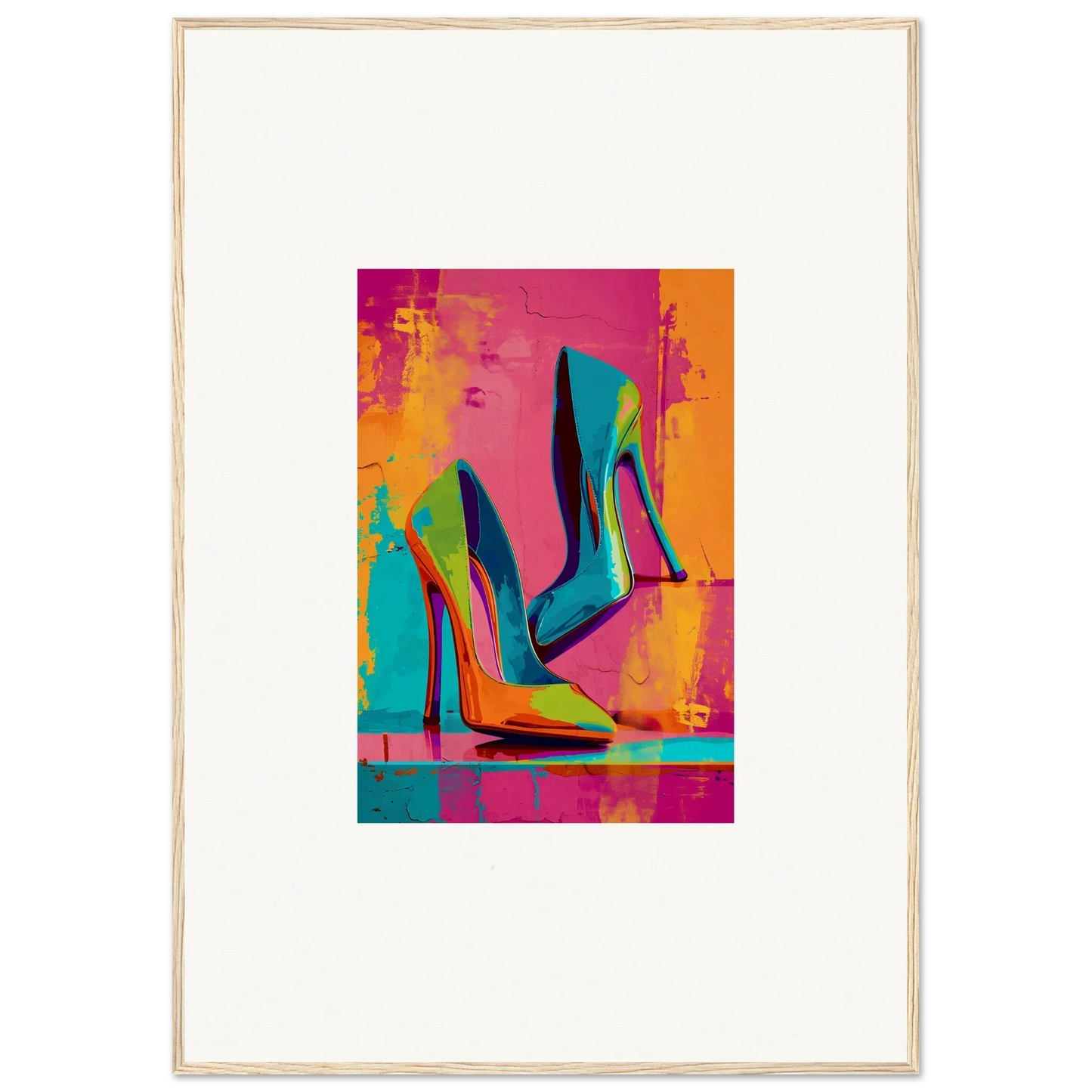 Colorful abstract painting of high-heeled shoes for vibrant wall art and room decoration