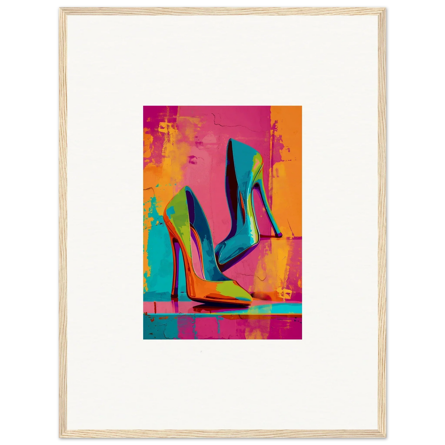 Vibrant multicolored high-heeled shoes perfect for room decoration or wall art