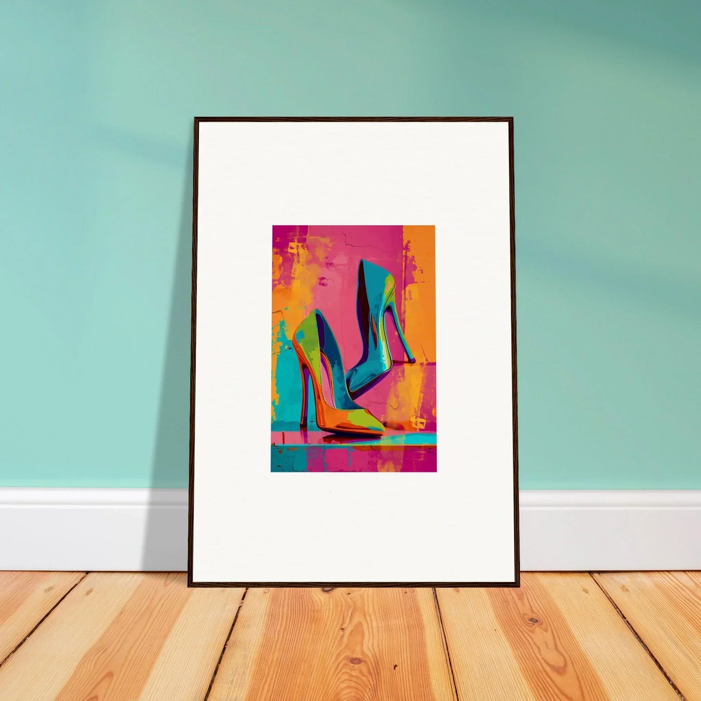 Framed canvas print of colorful high-heeled shoes for stylish room decoration