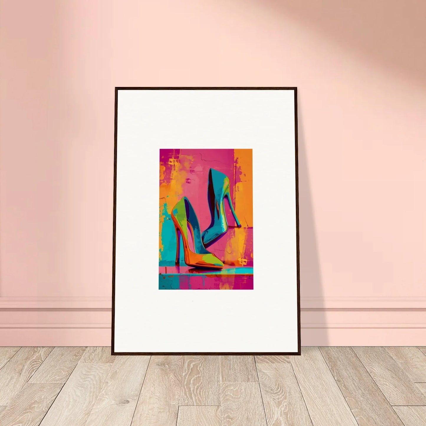 Framed colorful pop art canvas print of high-heeled shoes for trendy room decoration