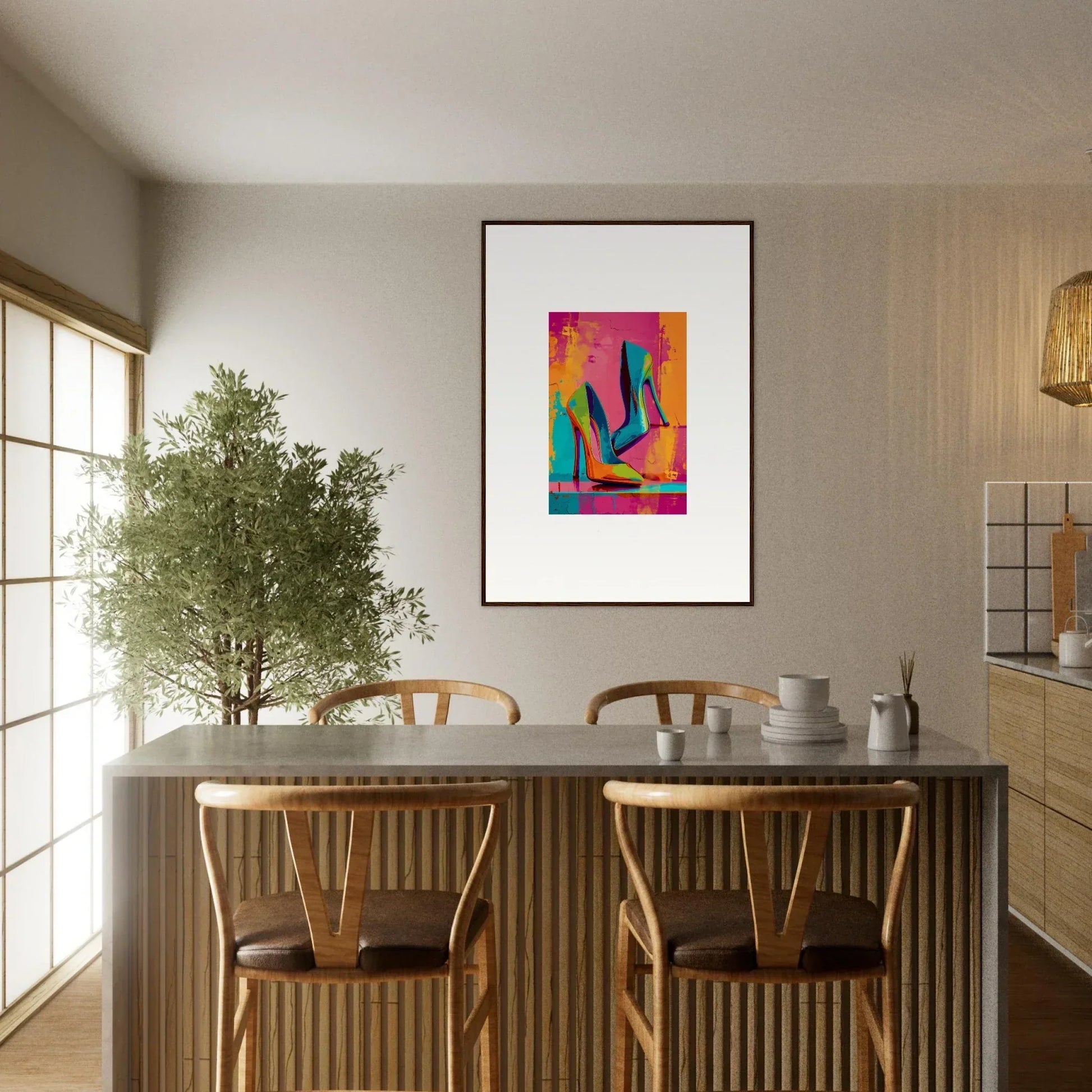 Cozy dining area with a table, chairs, and vibrant wall art for room decoration