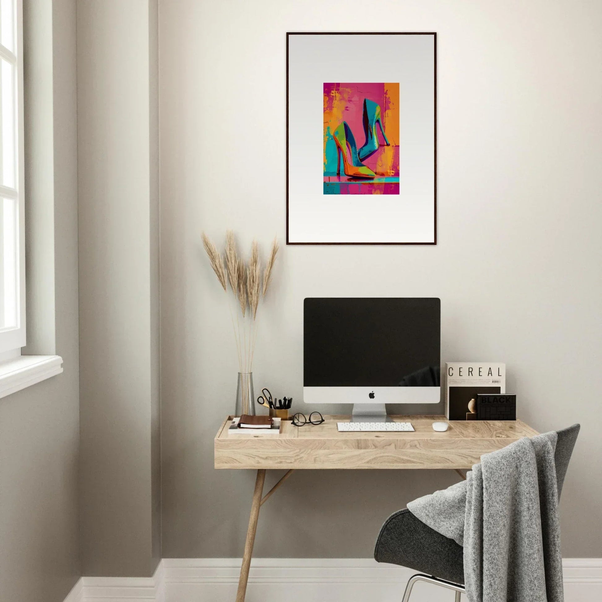 Vibrant geometric canvas print wall art for stylish room decoration above desk