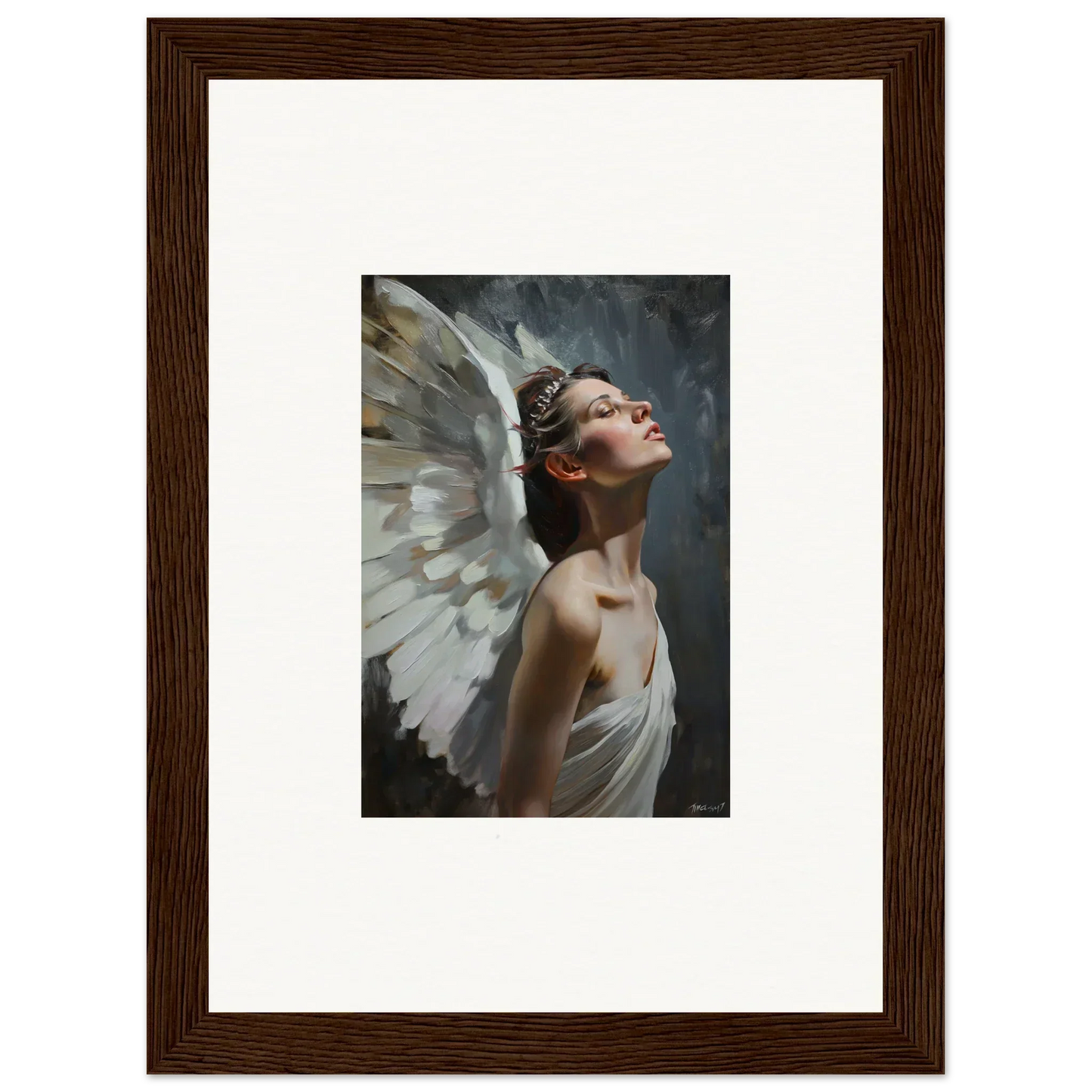 Framed wall art of an angelic figure in a light orchard for elegant room decor