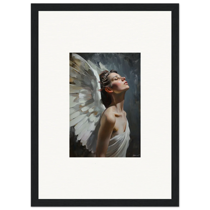 Framed wall art of an angelic figure with white wings for light orchard room decor