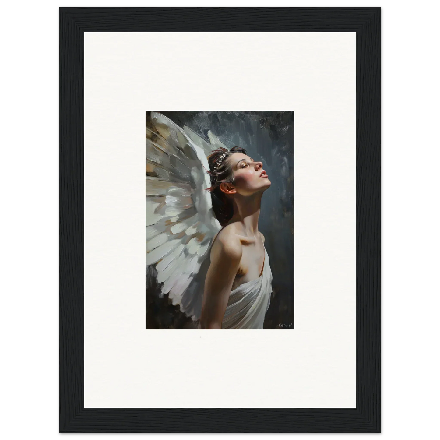 Framed wall art of an angelic figure with white wings in a light orchard setting