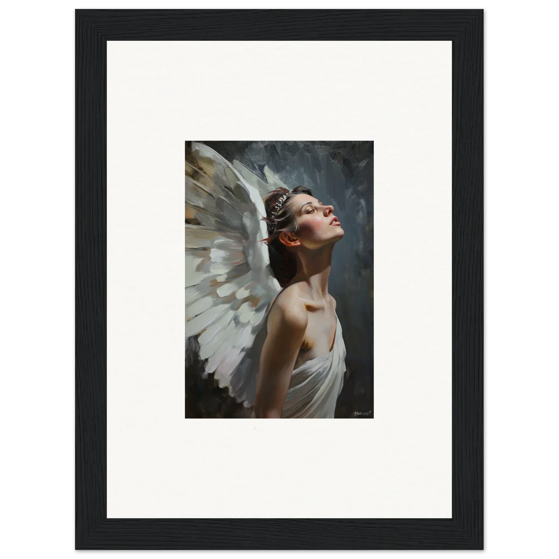 Framed wall art of an angelic figure with white wings in a light orchard setting