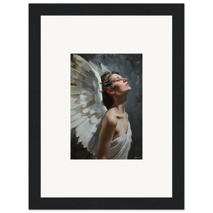 Framed wall art of an angelic figure with white wings in a light orchard setting