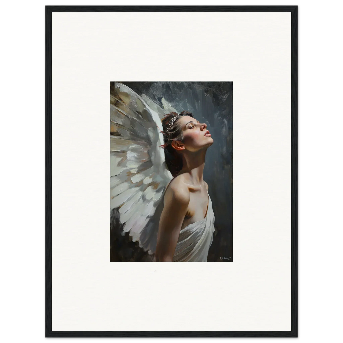 Angelic figure with white wings in Transcendent Light Orchard framed wall art for room decor