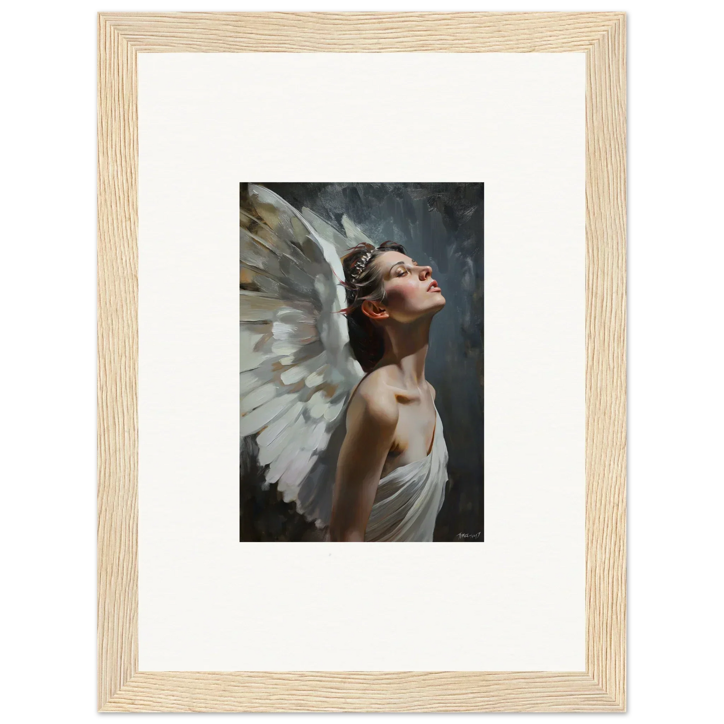 Framed wall art of an ethereal figure with white wings for light orchard room decor