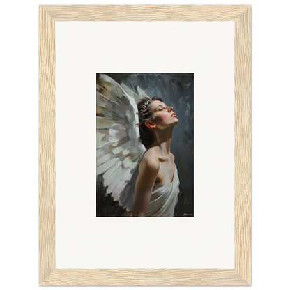 Framed wall art of an ethereal figure with white wings for light orchard room decor