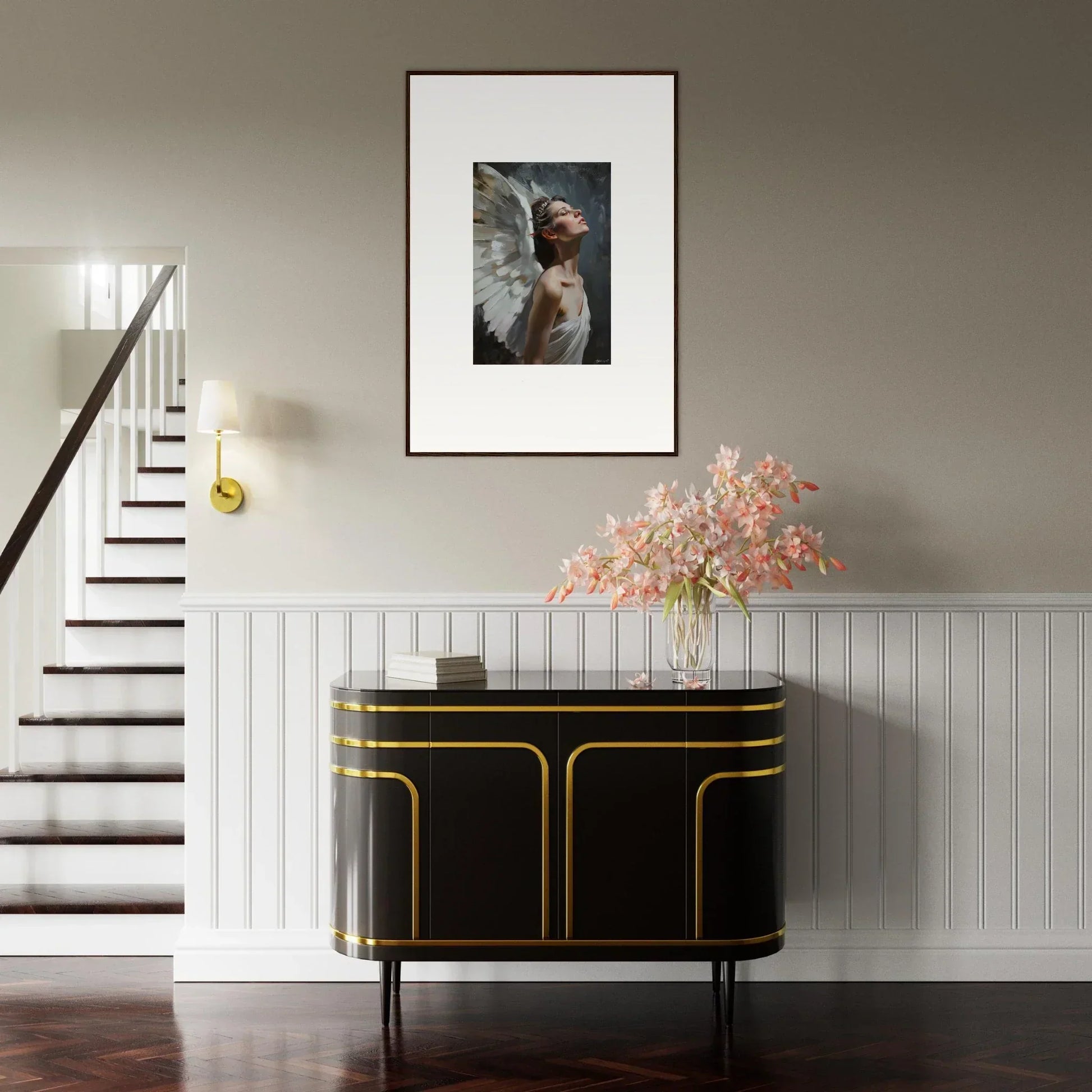 Elegant black and gold sideboard with framed wall art and floral arrangement in Light Orchard room decor