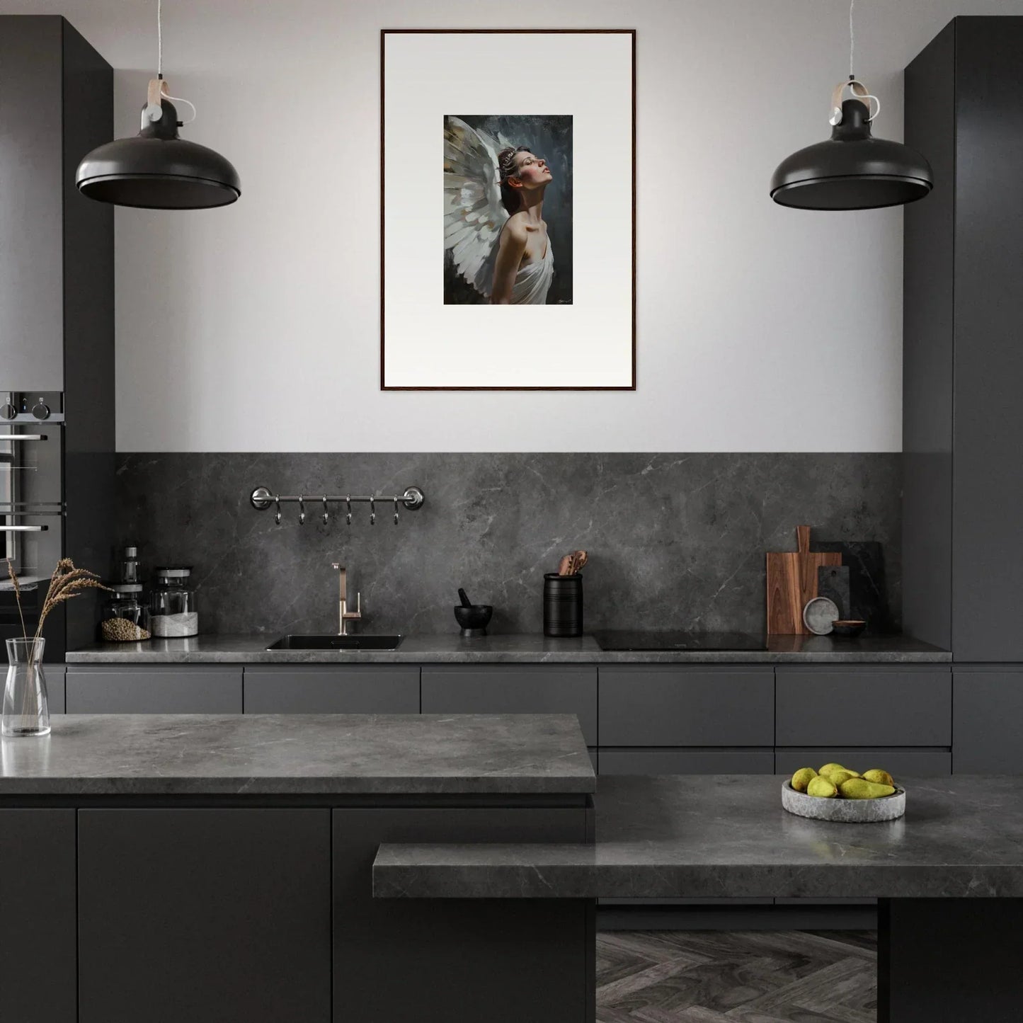 Modern kitchen featuring dark gray cabinetry and countertops with Light Orchard decor