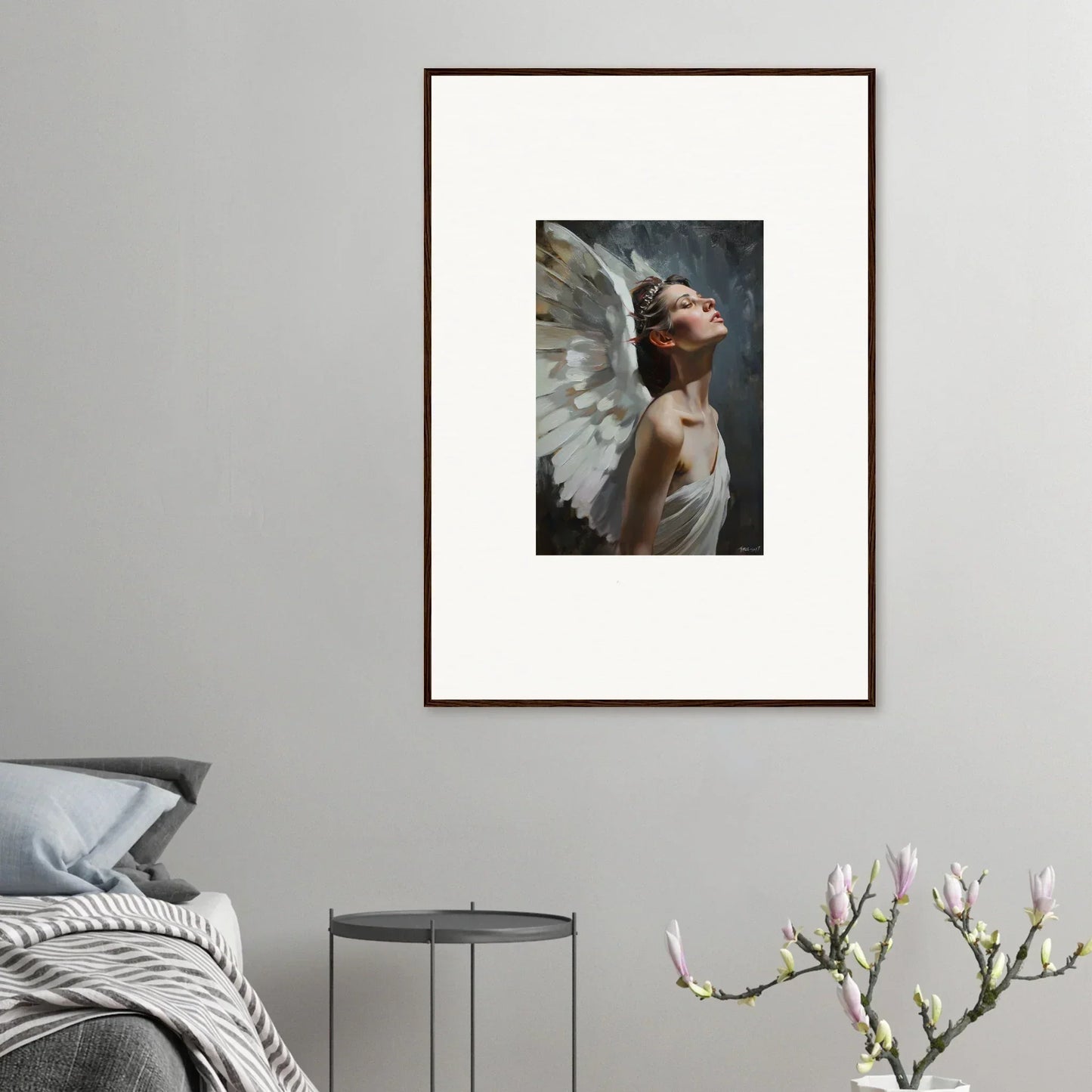 Framed wall art of a winged figure in contemplation for light orchard room decor