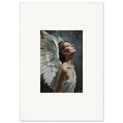 Portrait of a figure with white wings in a contemplative pose for light orchard room decor