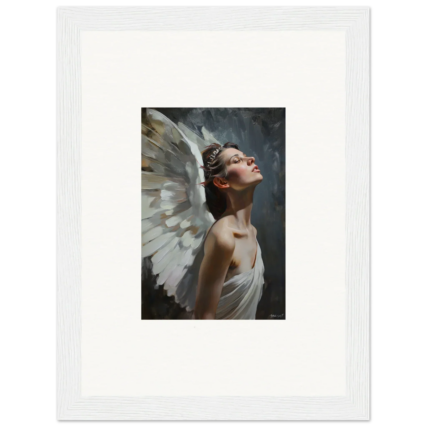 Angelic figure with white wings in a contemplative pose for light orchard room decor