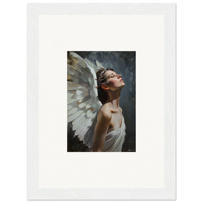 Angelic figure with white wings in a contemplative pose for light orchard room decor