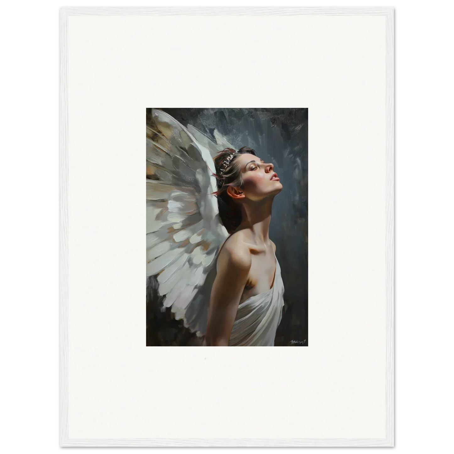 Portrait of a figure with white wings in a contemplative pose for light orchard room decor