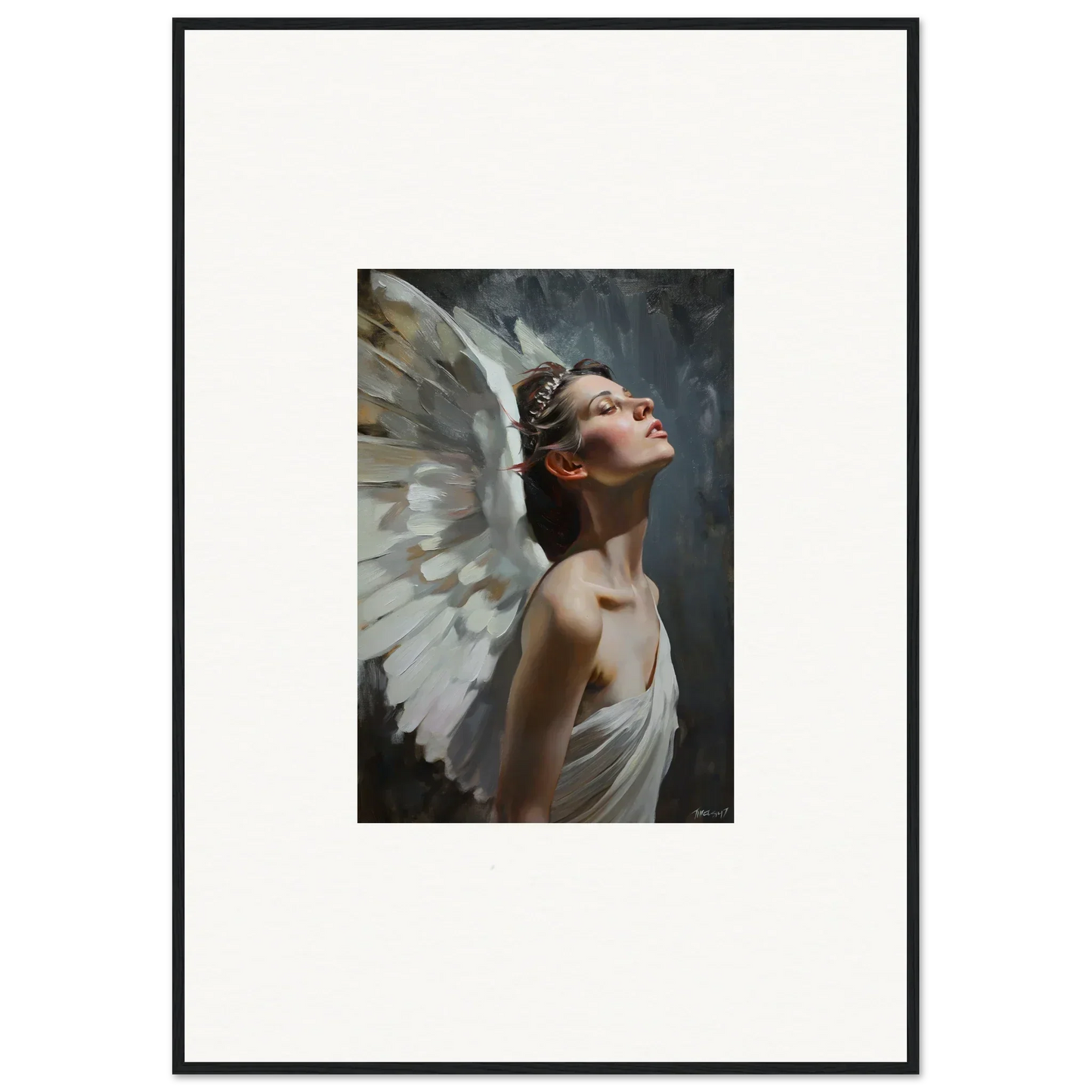 Framed wall art of an ethereal figure with white wings for light orchard room decor