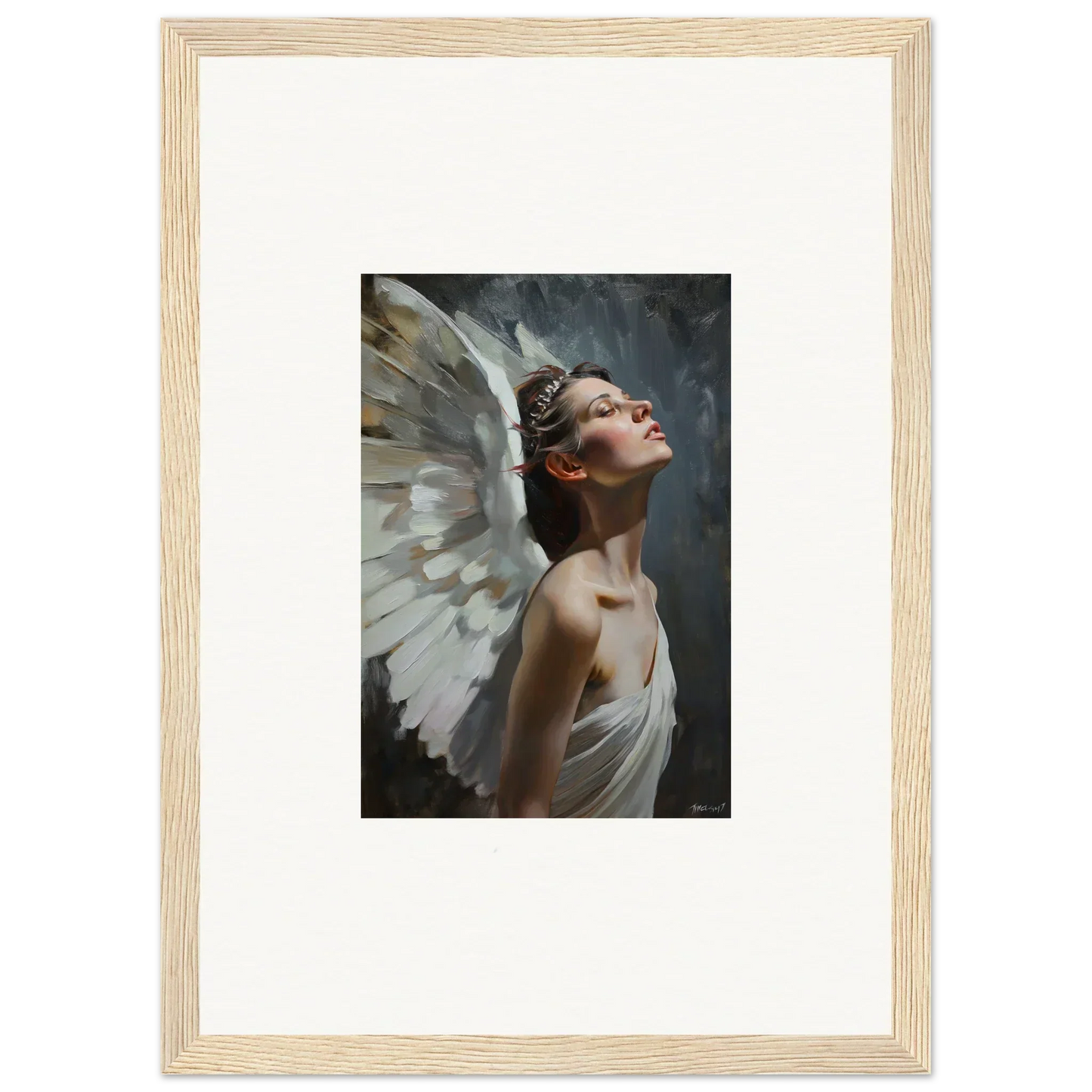 Framed wall art of an ethereal figure with wings for light orchard room decor