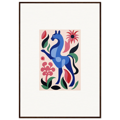 Stylized blue horse with colorful flowers in Transcendental Brush Grace design