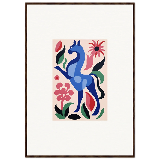 Stylized blue horse with colorful flowers in Transcendental Brush Grace design