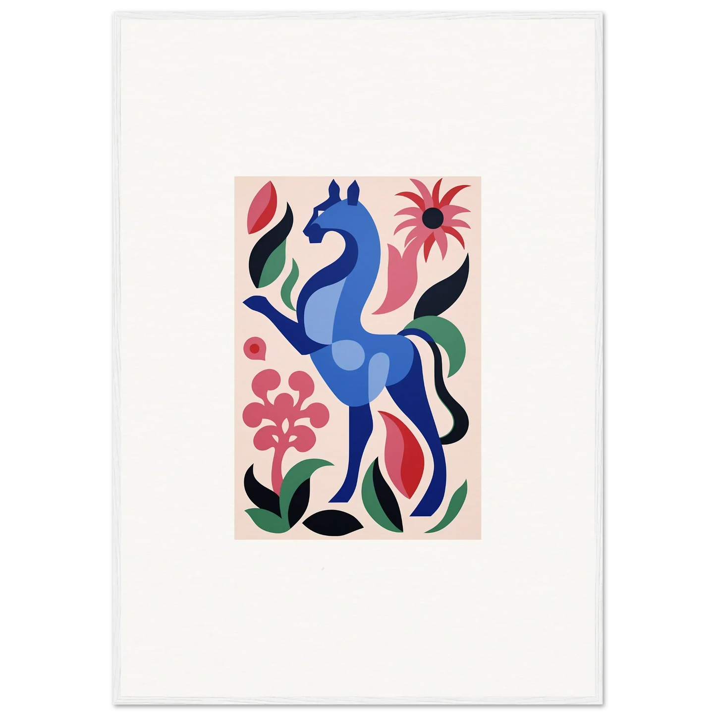 Stylized blue horse with colorful flowers in the Transcendental Brush Grace design