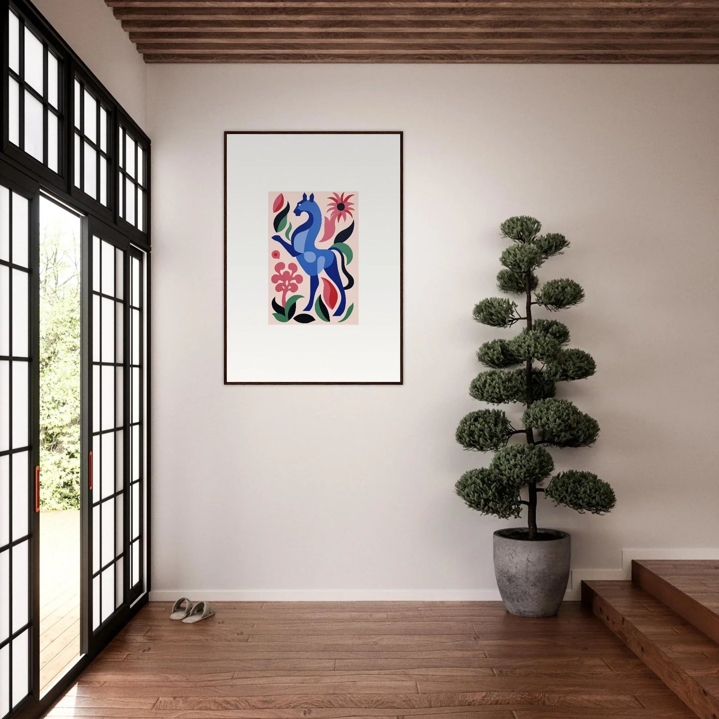 Framed abstract artwork with blue, red, and pink shapes from Transcendental Brush Grace