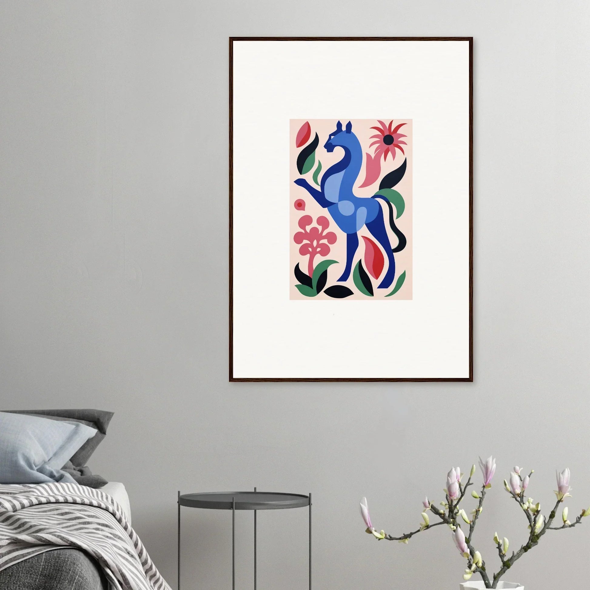 Stylized blue horse with vibrant flowers in Transcendental Brush Grace art