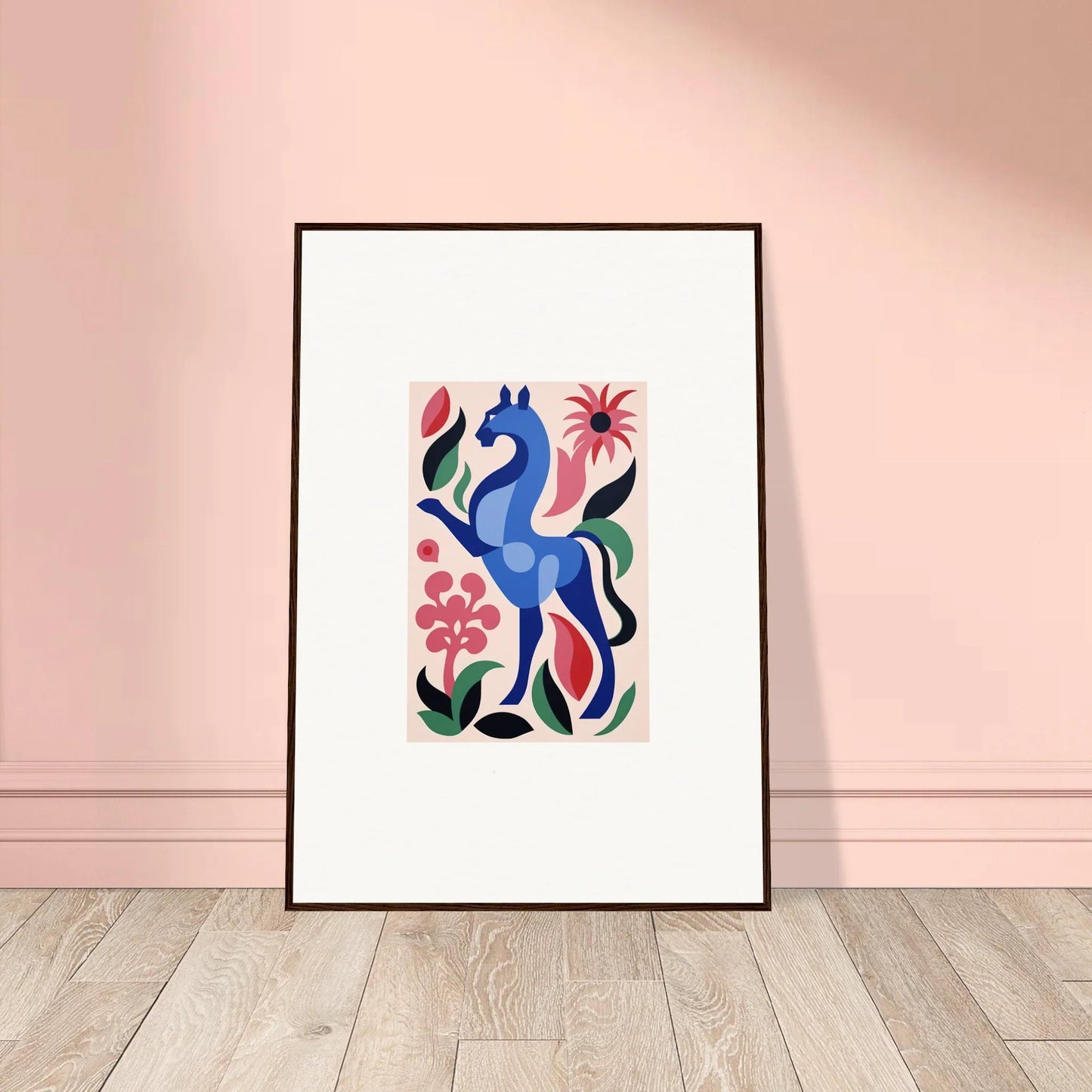 Framed artwork of a blue horse with floral elements, embracing Transcendental Brush Grace