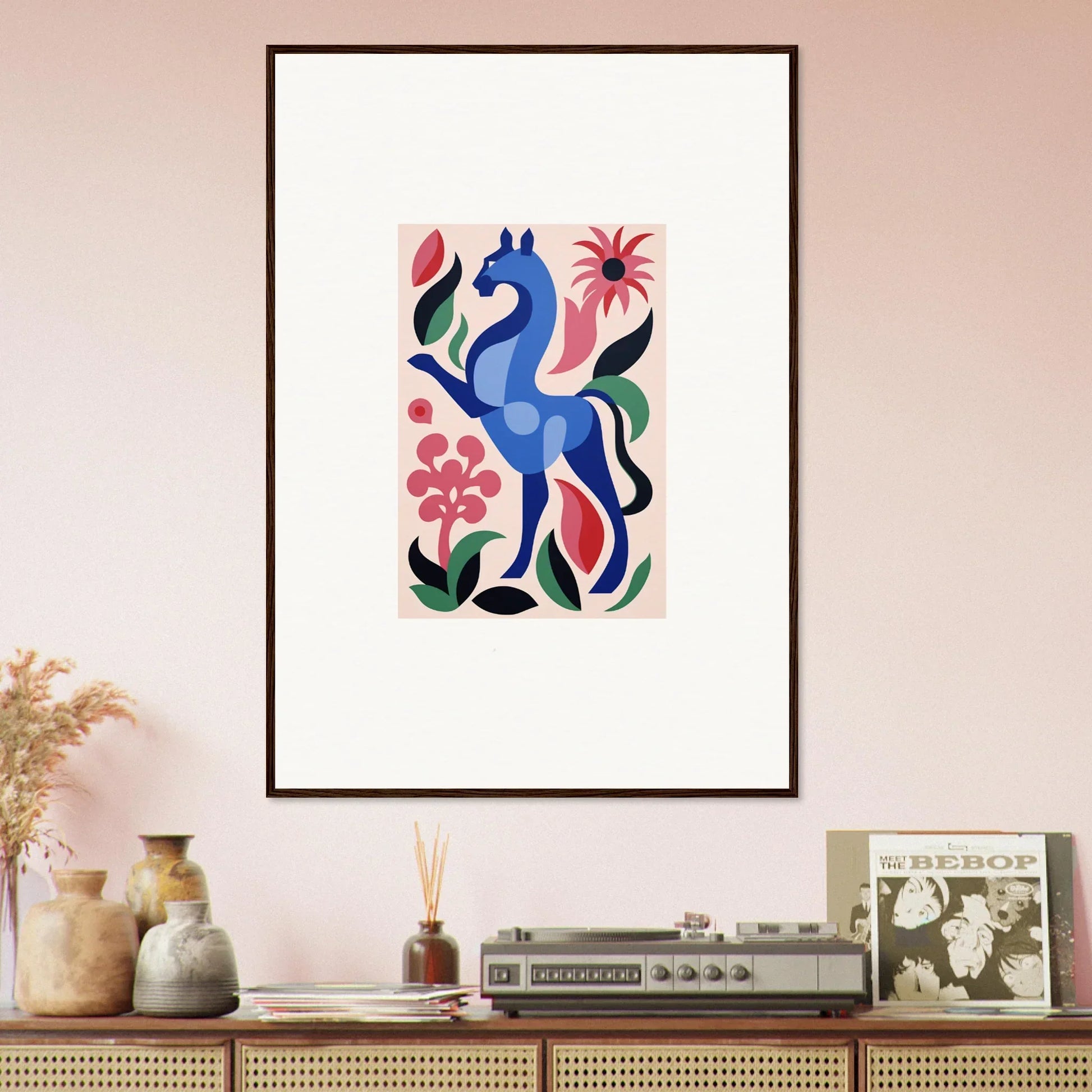 Framed artwork of a blue horse with flowers, perfect for Transcendental Brush Grace