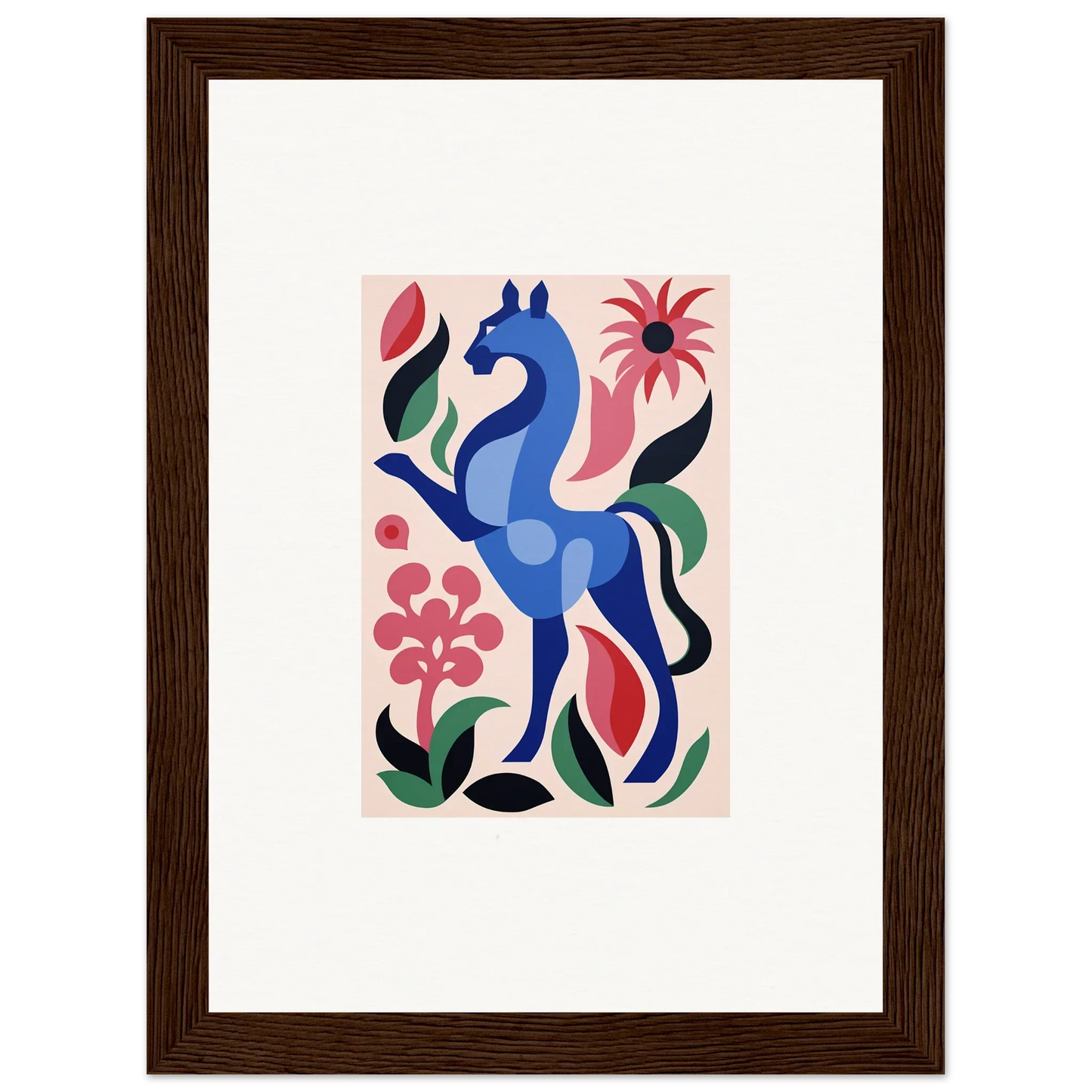 Stylized blue horse with colorful flowers in Transcendental Brush Grace design