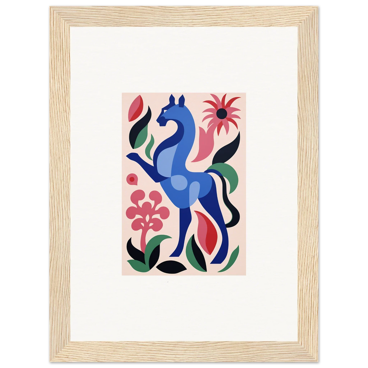 Stylized blue horse with colorful flowers in Transcendental Brush Grace design