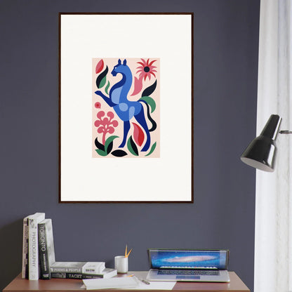 Framed artwork of a blue horse with flowers, showcasing Transcendental Brush Grace