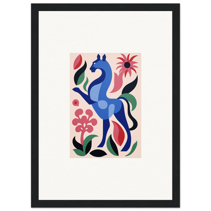 Stylized blue horse with vibrant flowers - Transcendental Brush Grace design