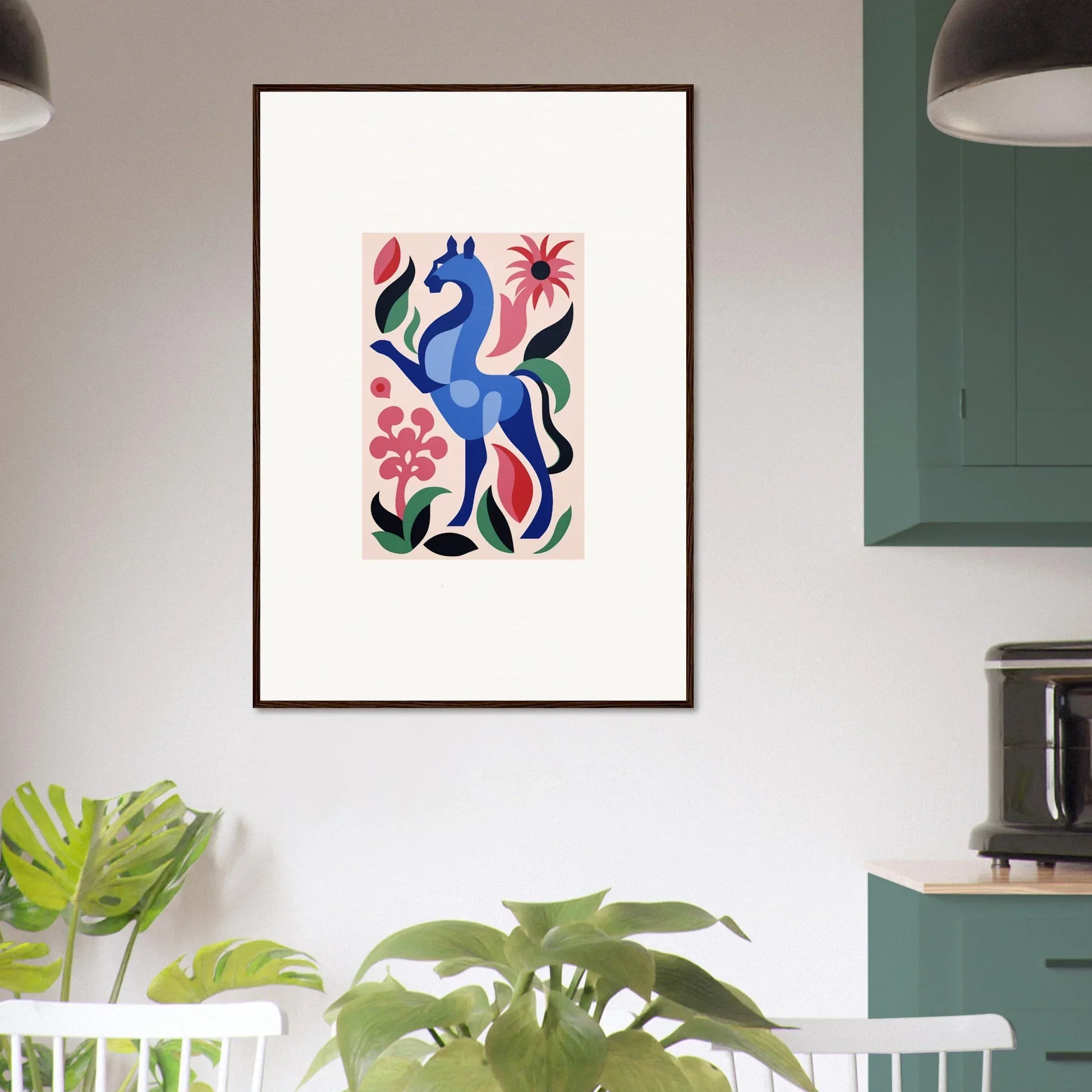 Framed artwork of a blue animal with flowers, perfect for Transcendental Brush Grace