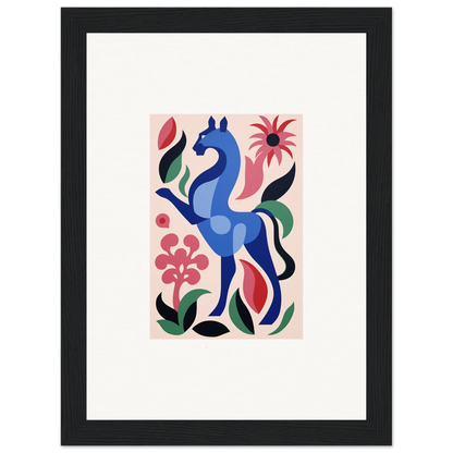 Stylized blue horse with colorful flowers in Transcendental Brush Grace design